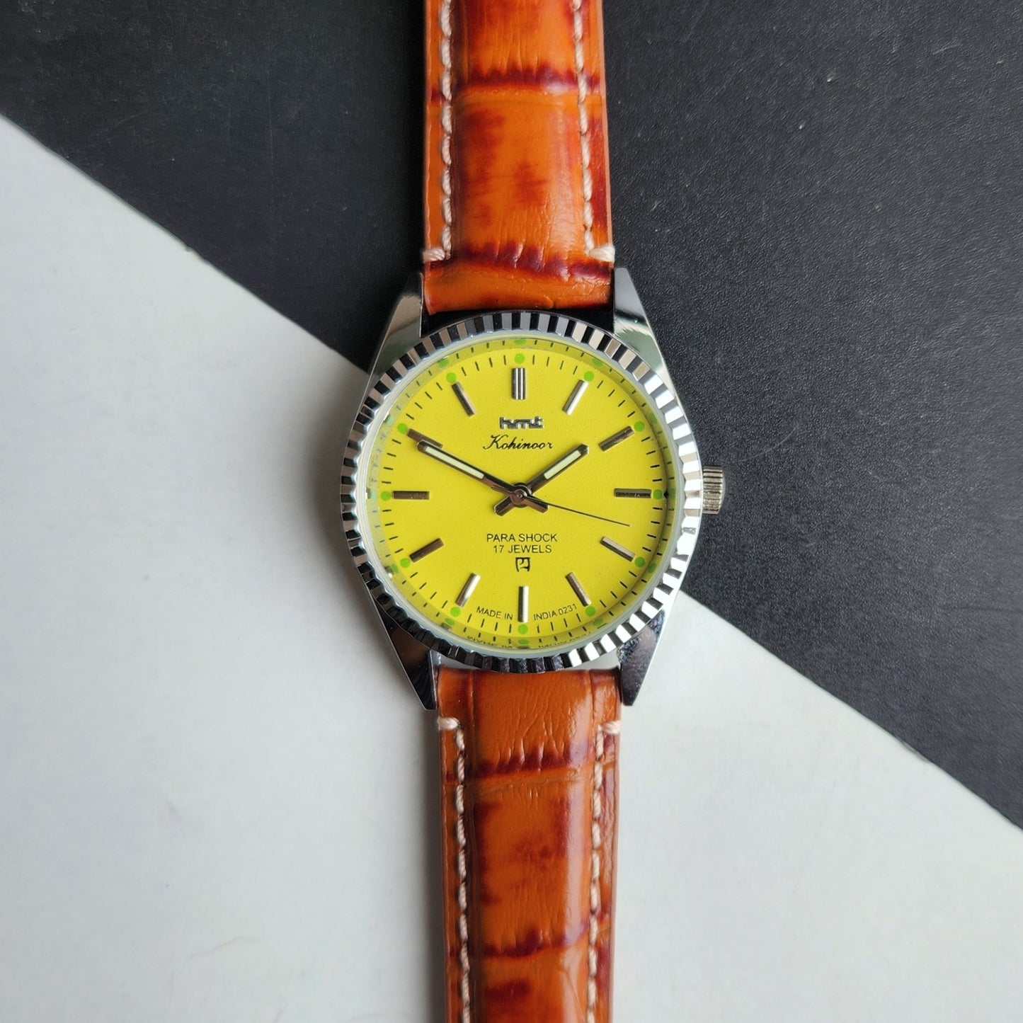 Vintage HMT Kohinoor Hand Winding 17 Jewels Yellow Face Fluted Bezel Brown Leather strap Men's Wrist Watch G31