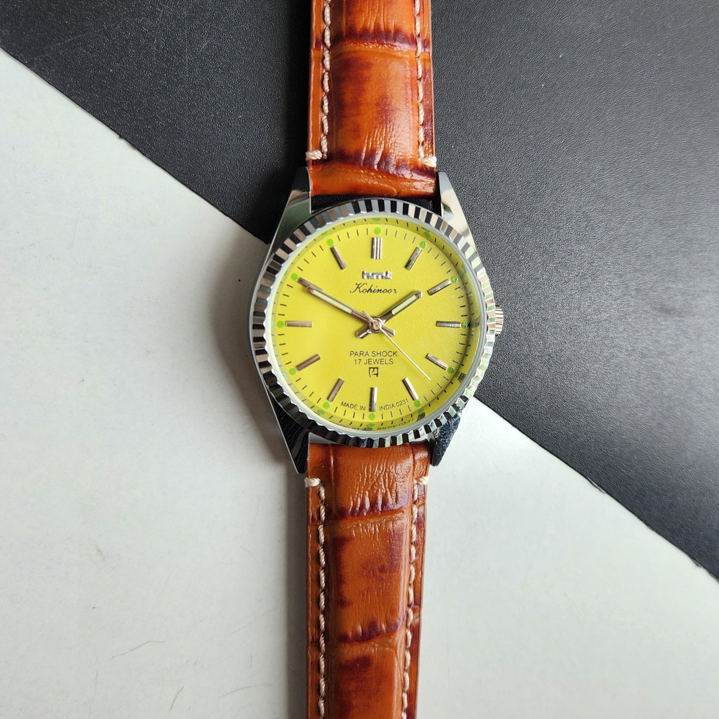 Vintage HMT Kohinoor Hand Winding 17 Jewels Yellow Face Fluted Bezel Brown Leather strap Men's Wrist Watch G31