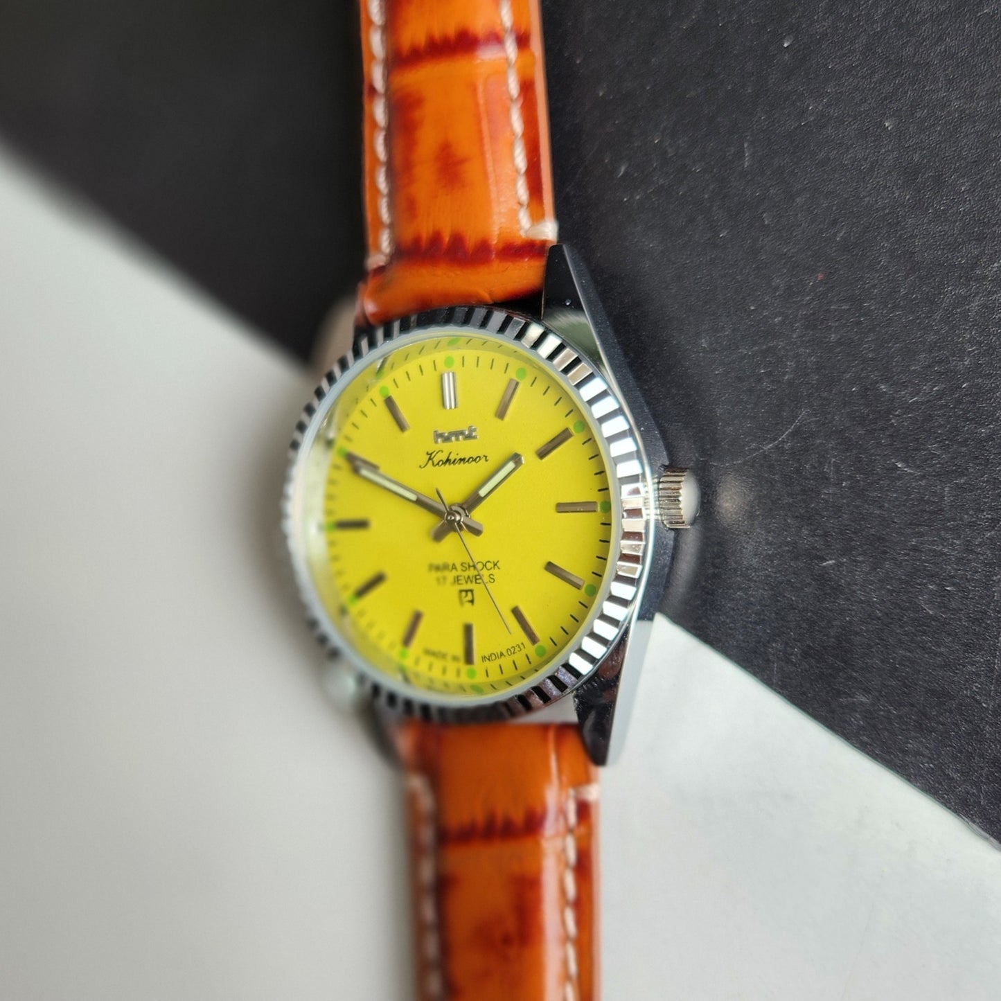 Vintage HMT Kohinoor Hand Winding 17 Jewels Yellow Face Fluted Bezel Brown Leather strap Men's Wrist Watch G31
