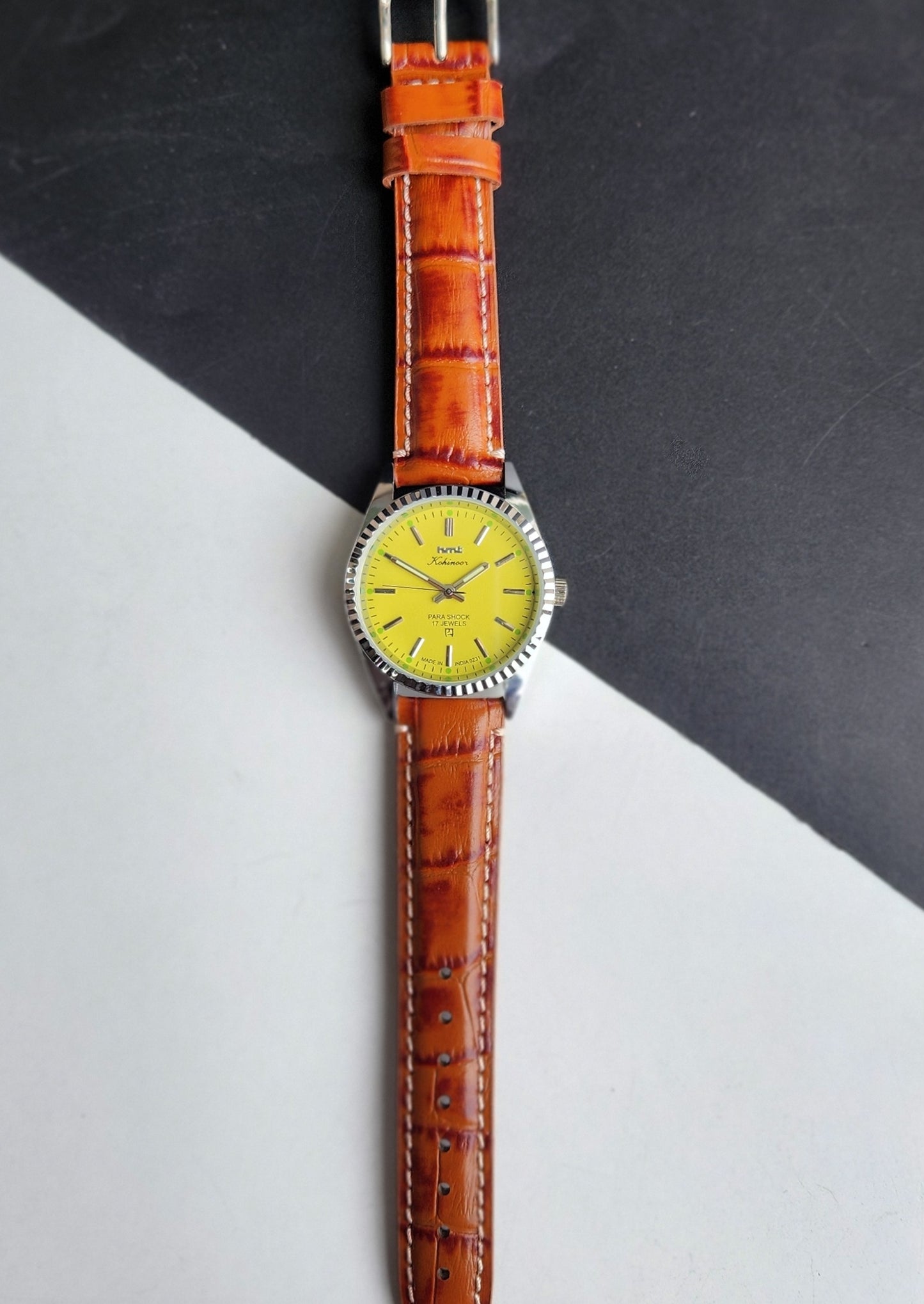Vintage HMT Kohinoor Hand Winding 17 Jewels Yellow Face Fluted Bezel Brown Leather strap Men's Wrist Watch G31