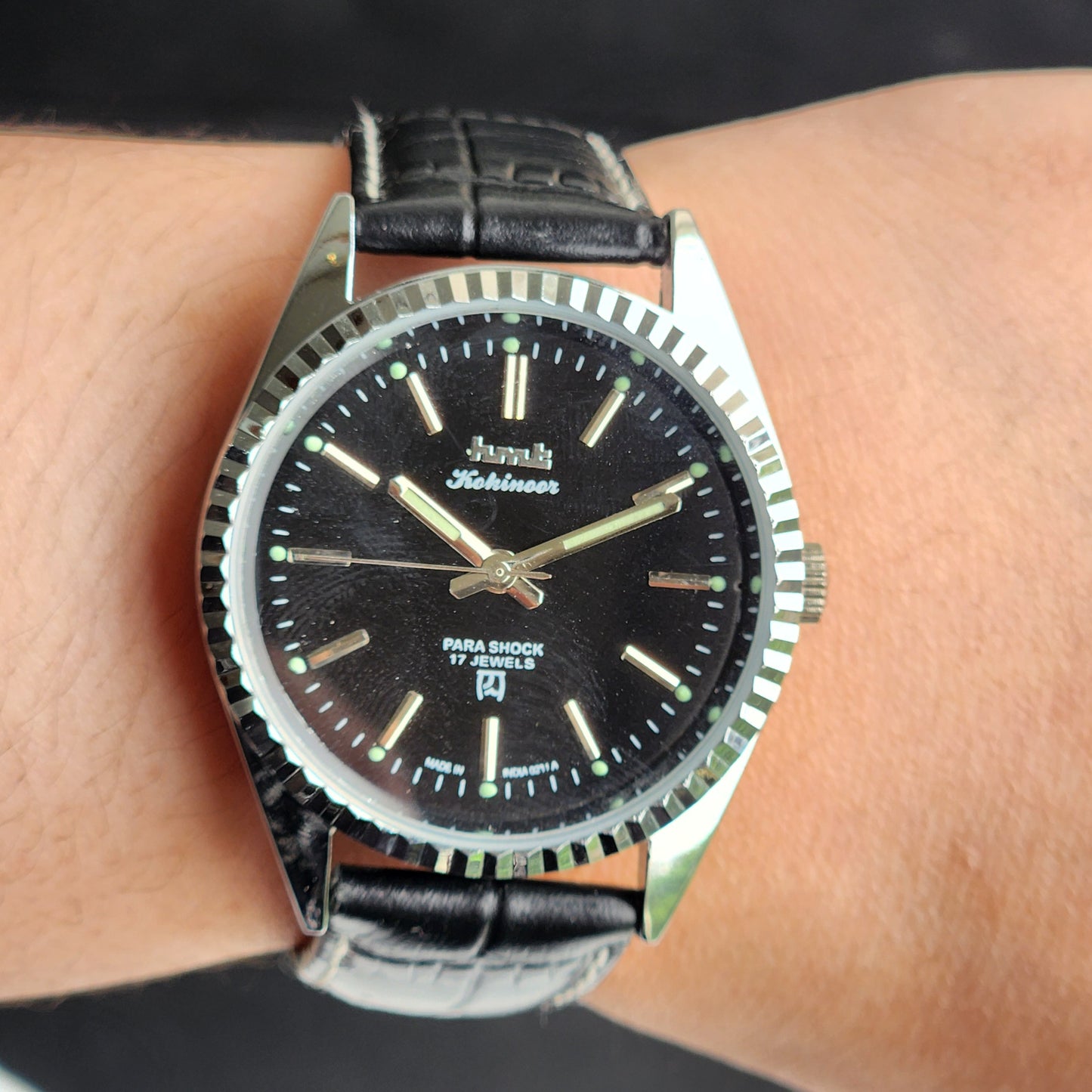 Vintage HMT Kohinoor Hand Winding 17 Jewels Black Face Fluted Bezel Black Leather strap Men's Wrist Watch G32
