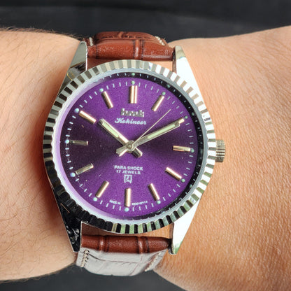 Vintage HMT Kohinoor Hand Winding 17 Jewels Purple Face Fluted Bezel Brown Leather strap Men's Wrist Watch G34