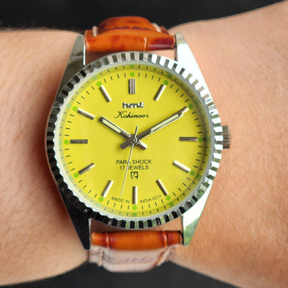 Vintage HMT Kohinoor Hand Winding 17 Jewels Yellow Face Fluted Bezel Brown Leather strap Men's Wrist Watch G31