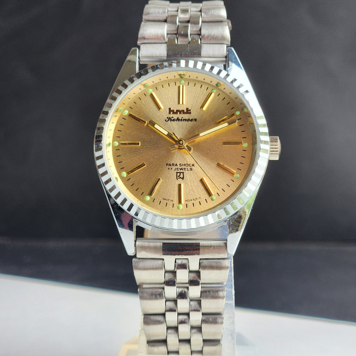 Vintage HMT Kohinoor Hand Winding 17 Jewels Golden Face Fluted Bezel Jubilee Bracelet Men's Wrist Watch G09