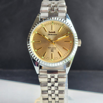 Vintage HMT Kohinoor Hand Winding 17 Jewels Golden Face Fluted Bezel Jubilee Bracelet Men's Wrist Watch G09