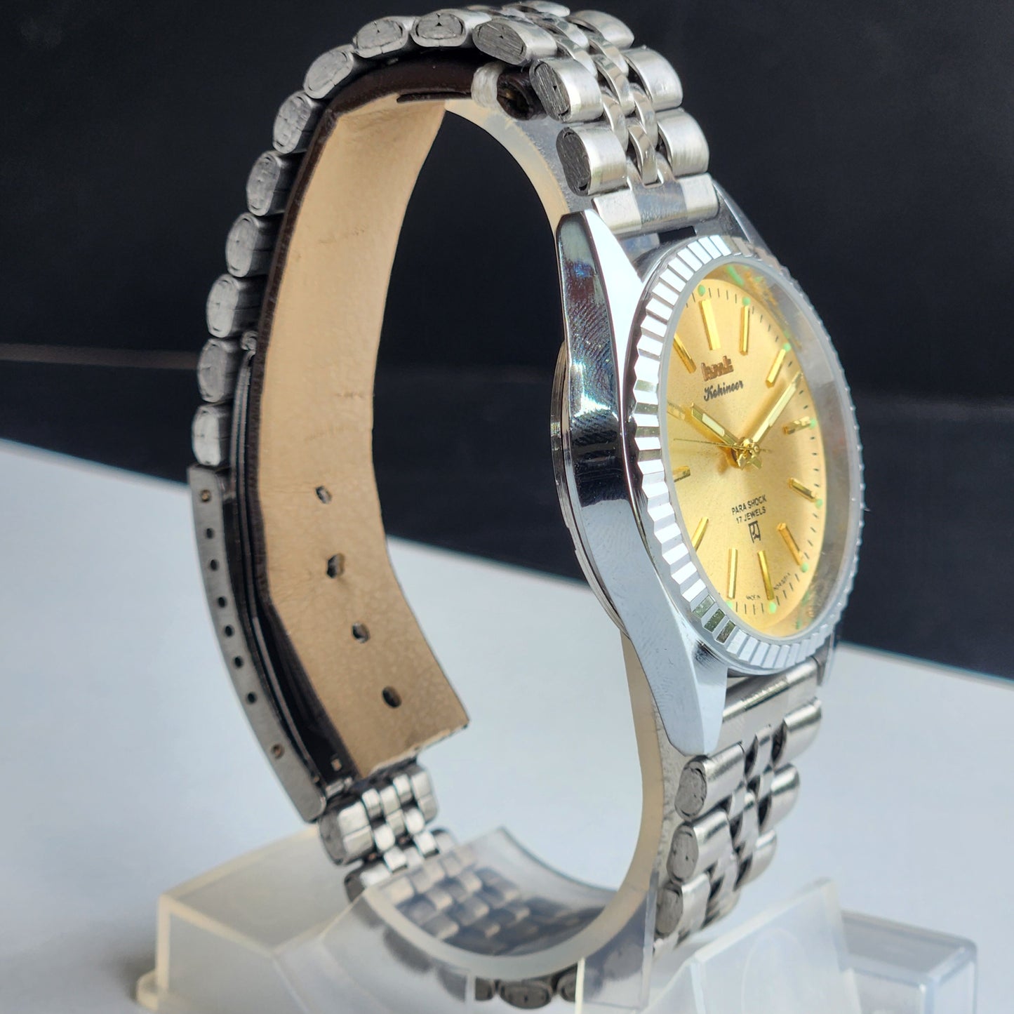 Vintage HMT Kohinoor Hand Winding 17 Jewels Golden Face Fluted Bezel Jubilee Bracelet Men's Wrist Watch G09