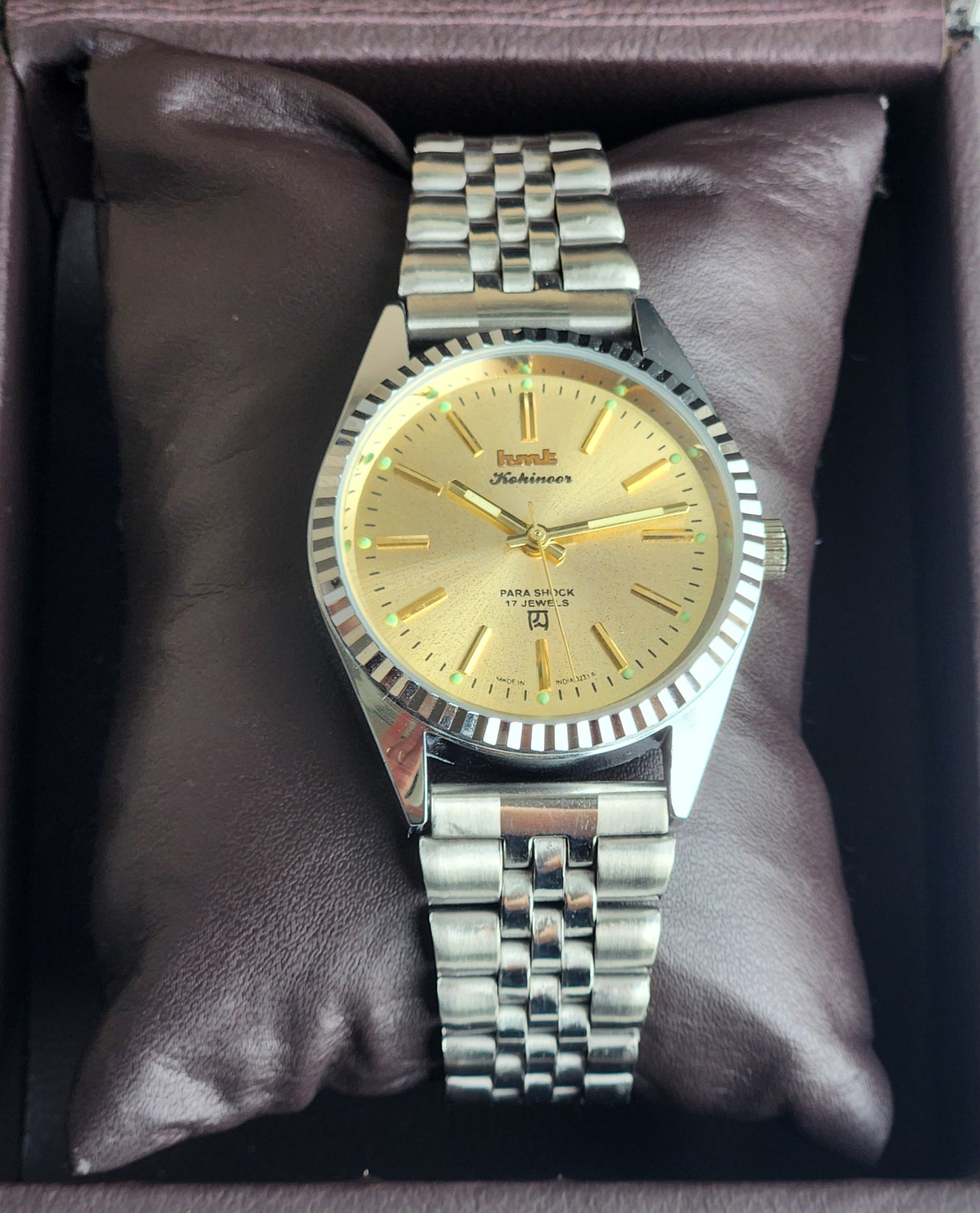 Vintage HMT Kohinoor Hand Winding 17 Jewels Golden Face Fluted Bezel Jubilee Bracelet Men's Wrist Watch G09