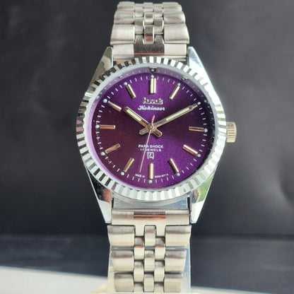 Vintage MOD HMT Kohinoor Hand Winding 17 Jewels Purple Face Fluted Bezel Jubilee Bracelet Men's Wrist Watch G10