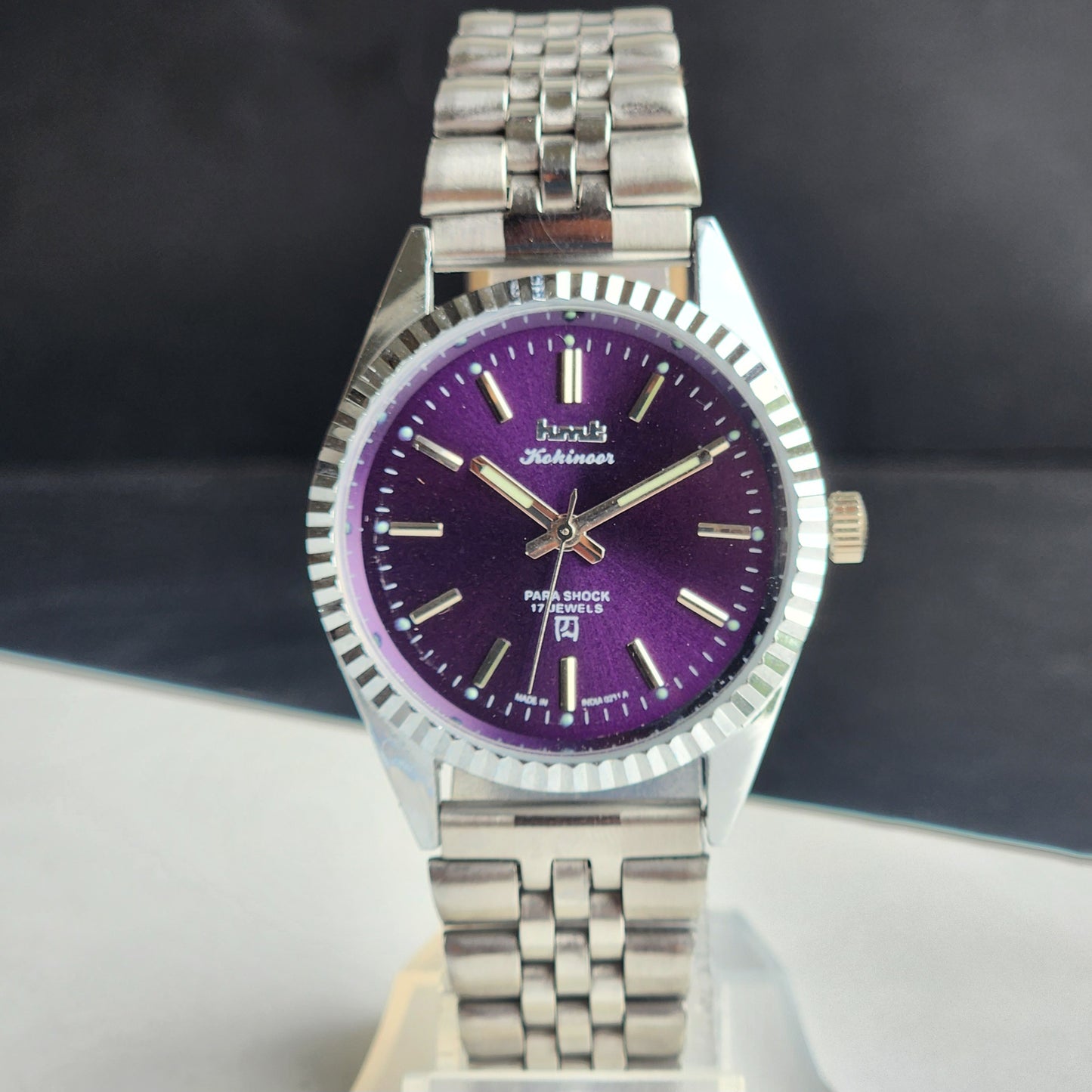 Vintage MOD HMT Kohinoor Hand Winding 17 Jewels Purple Face Fluted Bezel Jubilee Bracelet Men's Wrist Watch G10