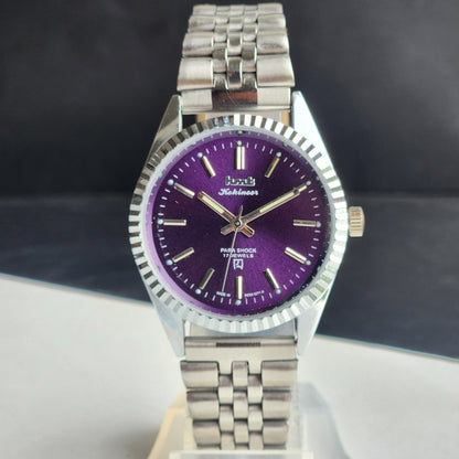 Vintage MOD HMT Kohinoor Hand Winding 17 Jewels Purple Face Fluted Bezel Jubilee Bracelet Men's Wrist Watch G10