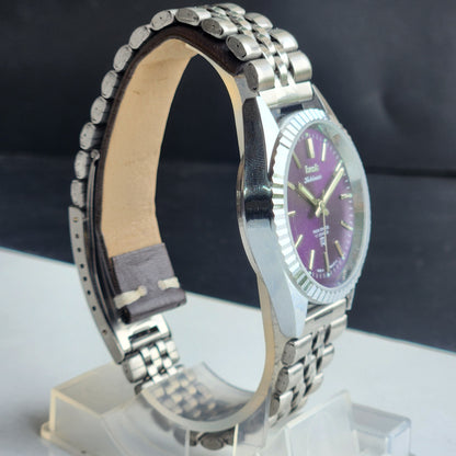Vintage MOD HMT Kohinoor Hand Winding 17 Jewels Purple Face Fluted Bezel Jubilee Bracelet Men's Wrist Watch G10