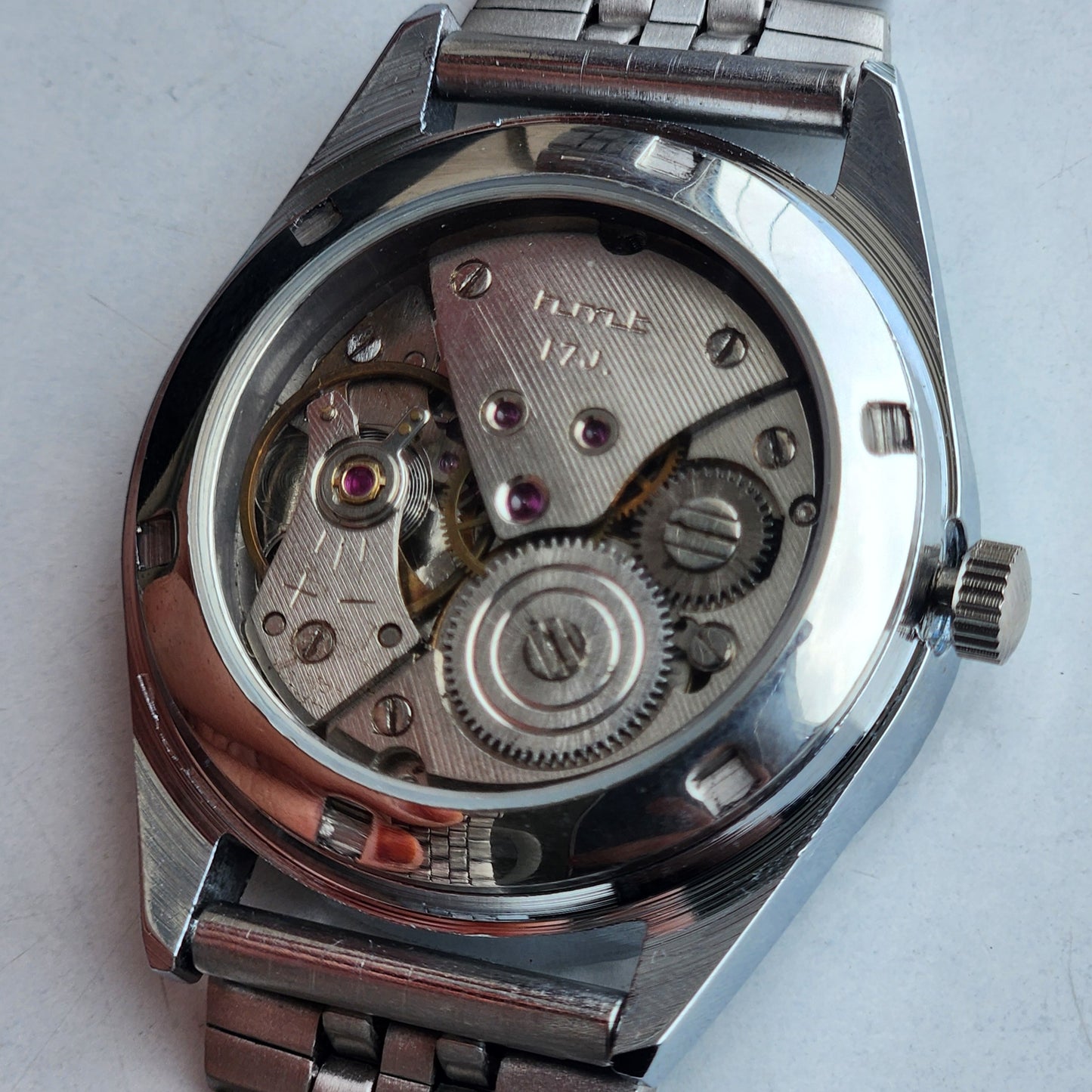 Vintage MOD HMT Kohinoor Hand Winding 17 Jewels Purple Face Fluted Bezel Jubilee Bracelet Men's Wrist Watch G10