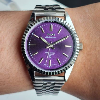 Vintage MOD HMT Kohinoor Hand Winding 17 Jewels Purple Face Fluted Bezel Jubilee Bracelet Men's Wrist Watch G10