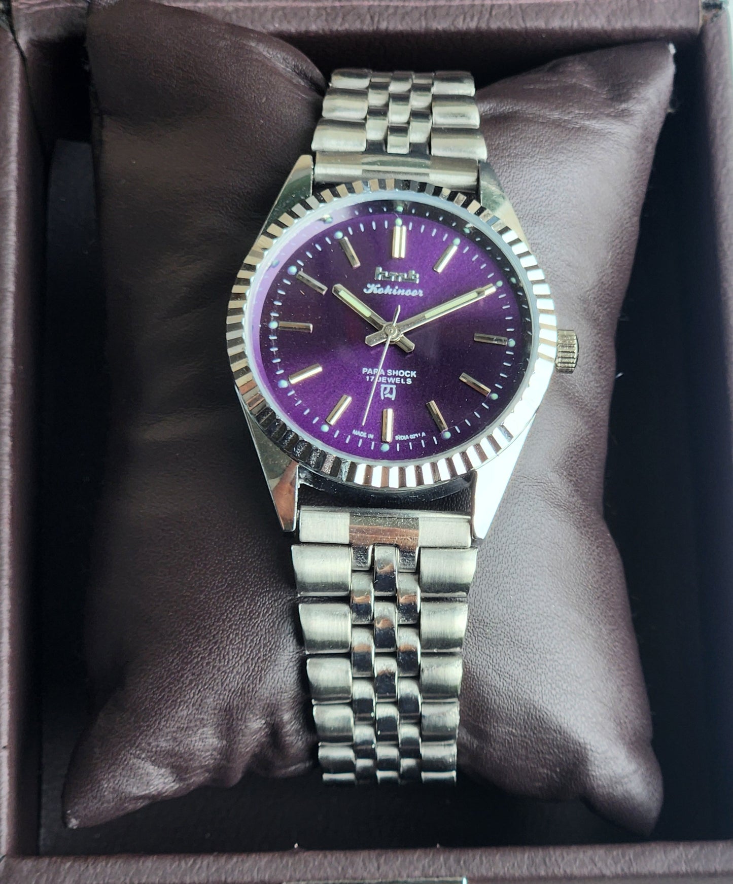 Vintage MOD HMT Kohinoor Hand Winding 17 Jewels Purple Face Fluted Bezel Jubilee Bracelet Men's Wrist Watch G10