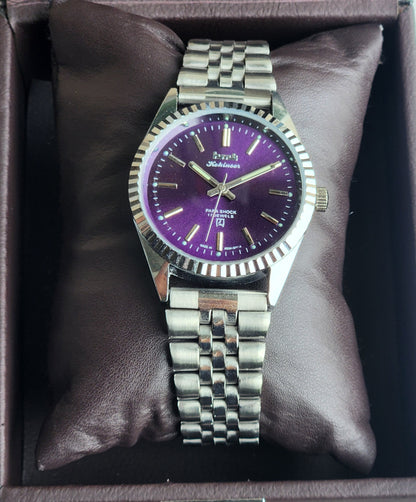 Vintage MOD HMT Kohinoor Hand Winding 17 Jewels Purple Face Fluted Bezel Jubilee Bracelet Men's Wrist Watch G10