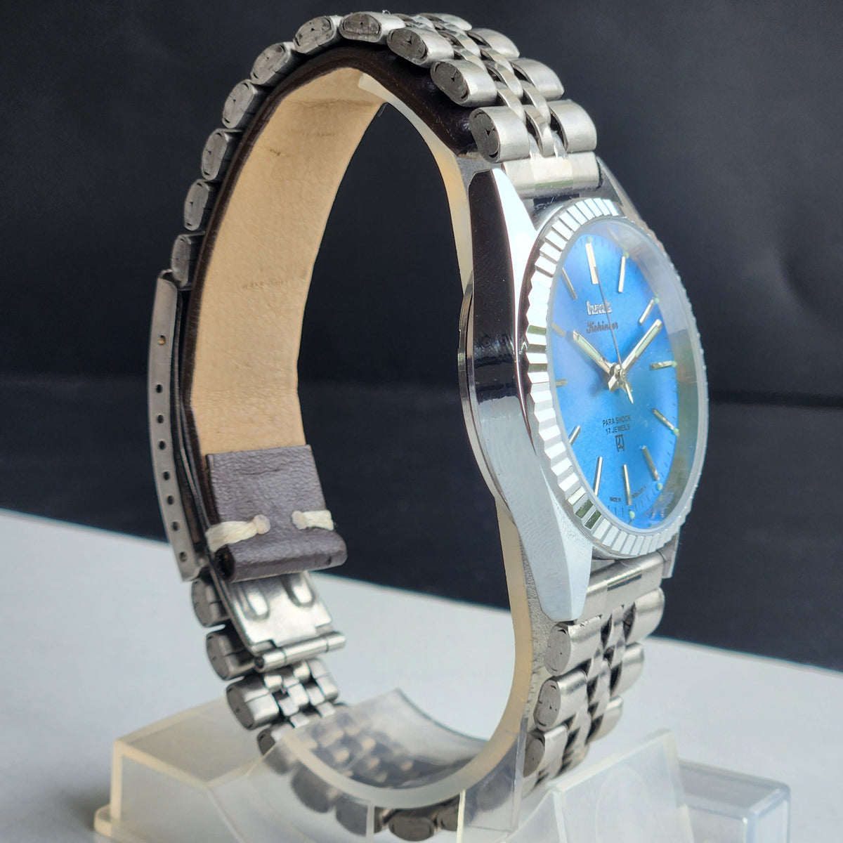 Vintage MOD HMT Kohinoor Hand Winding 17 Jewels Sky Blue Face Fluted Bezel Jubilee Bracelet Men's Wrist Watch G11