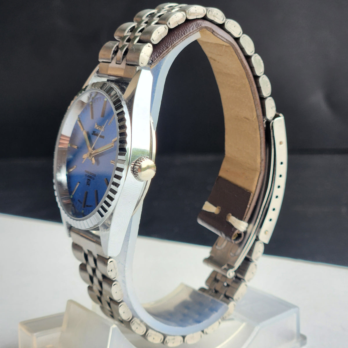 Vintage MOD HMT Kohinoor Hand Winding 17 Jewels Sky Blue Face Fluted Bezel Jubilee Bracelet Men's Wrist Watch G11