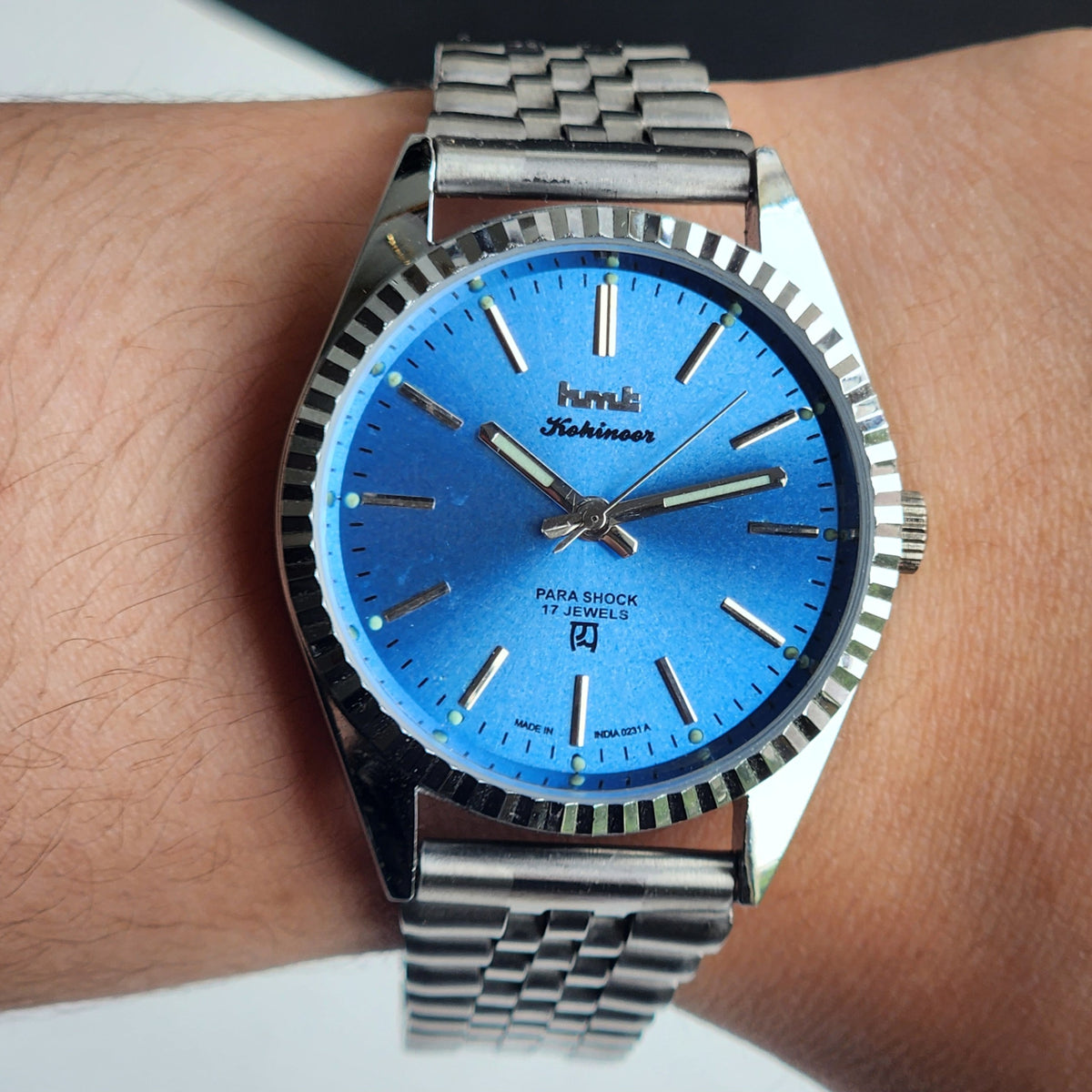 Vintage MOD HMT Kohinoor Hand Winding 17 Jewels Sky Blue Face Fluted Bezel Jubilee Bracelet Men's Wrist Watch G11