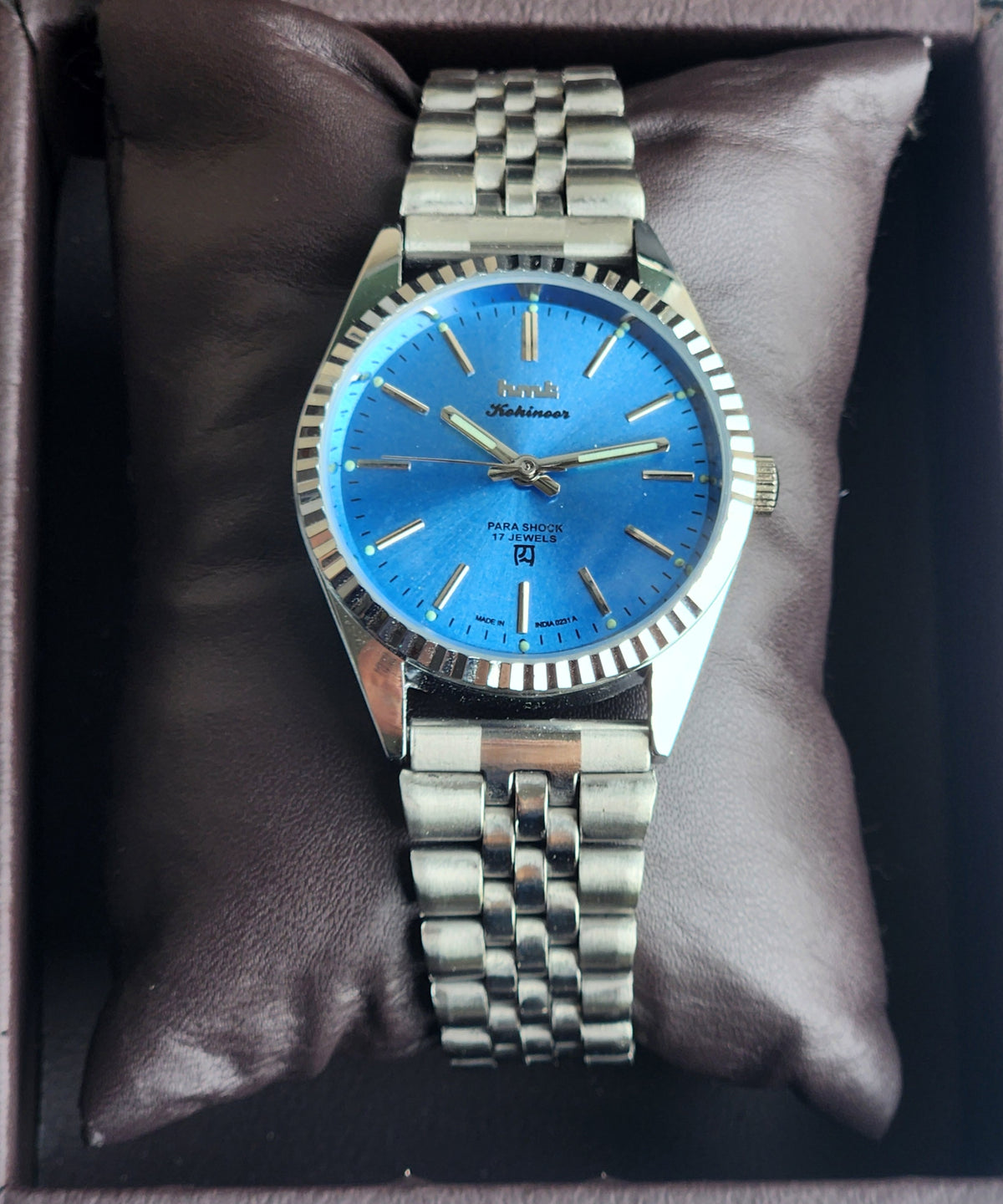 Vintage MOD HMT Kohinoor Hand Winding 17 Jewels Sky Blue Face Fluted Bezel Jubilee Bracelet Men's Wrist Watch G11