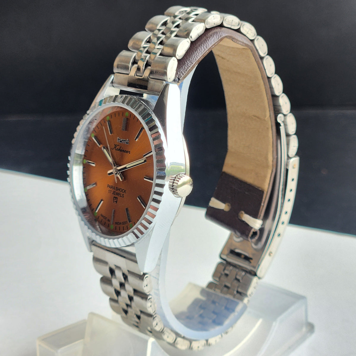 Vintage MOD HMT Kohinoor Hand Winding 17 Jewels Orange Face Fluted Bezel Jubilee Bracelet Men's Wrist Watch G12
