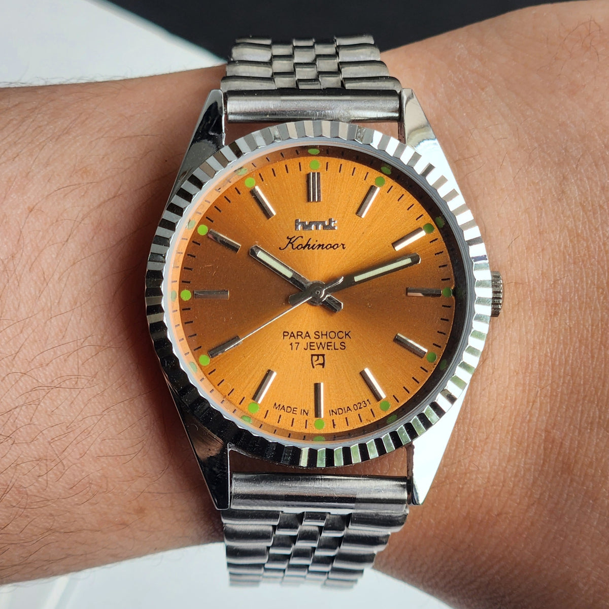 Vintage MOD HMT Kohinoor Hand Winding 17 Jewels Orange Face Fluted Bezel Jubilee Bracelet Men's Wrist Watch G12
