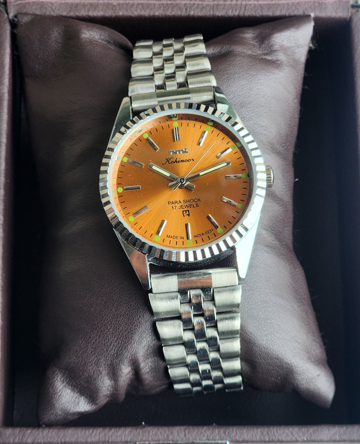 Vintage MOD HMT Kohinoor Hand Winding 17 Jewels Orange Face Fluted Bezel Jubilee Bracelet Men's Wrist Watch G12