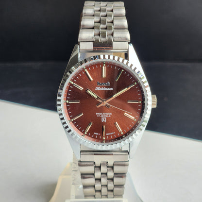 Vintage HMT Kohinoor Hand Winding 17 Jewels Brown Face Fluted Bezel Jubilee Bracelet Men's Wrist Watch G13