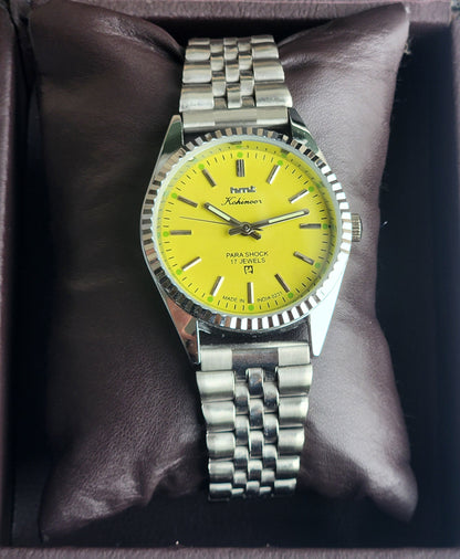 Vintage HMT Kohinoor Hand Winding 17 Jewels Yellow Face Fluted Bezel Jubilee Bracelet Men's Wrist Watch G14