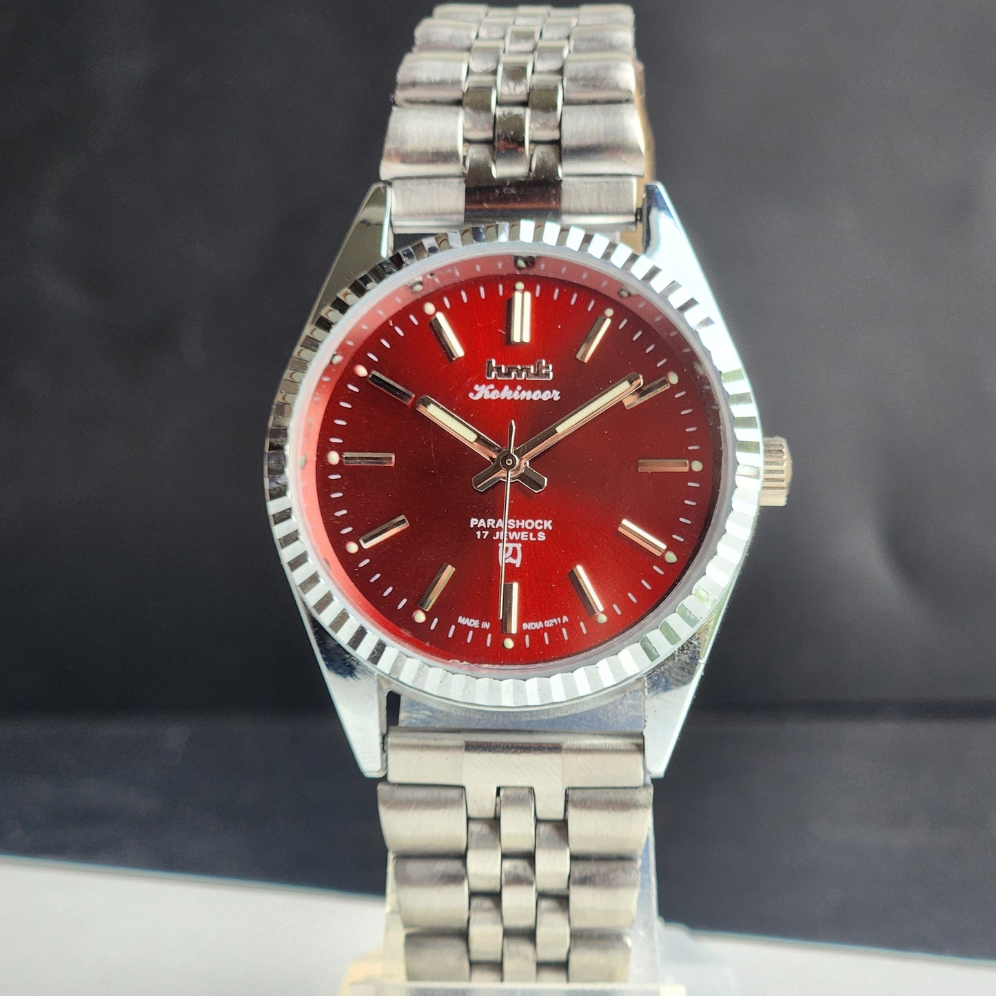 Vintage HMT Kohinoor Hand Winding 17 Jewels Red Face Fluted Bezel  Jubilee Bracelet Men's Wrist Watch G15