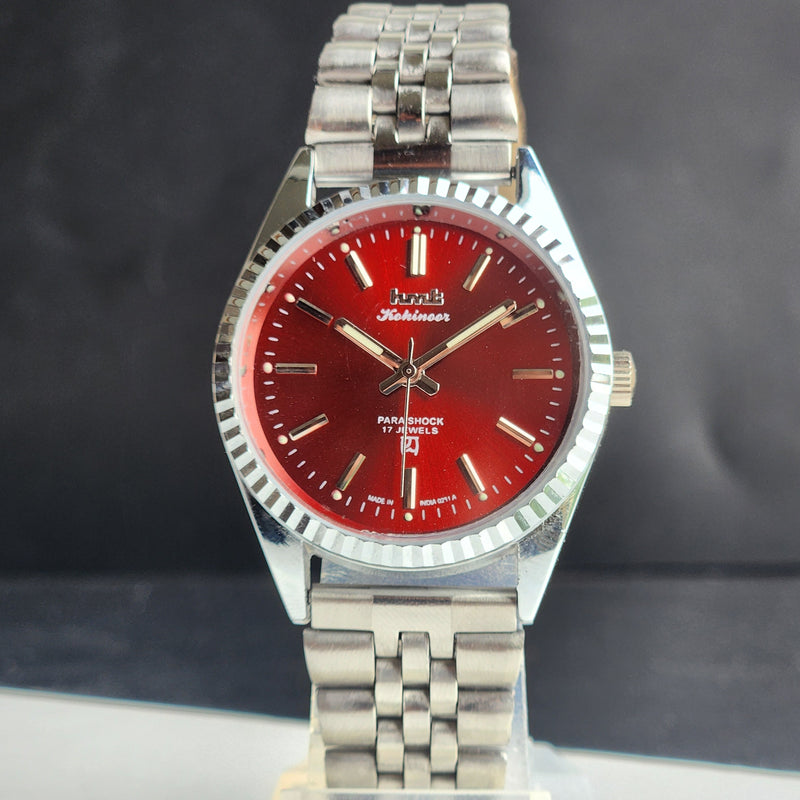 Vintage MOD HMT Kohinoor Hand Winding 17 Jewels Red Face Fluted Bezel  Jubilee Bracelet Men's Wrist Watch G15