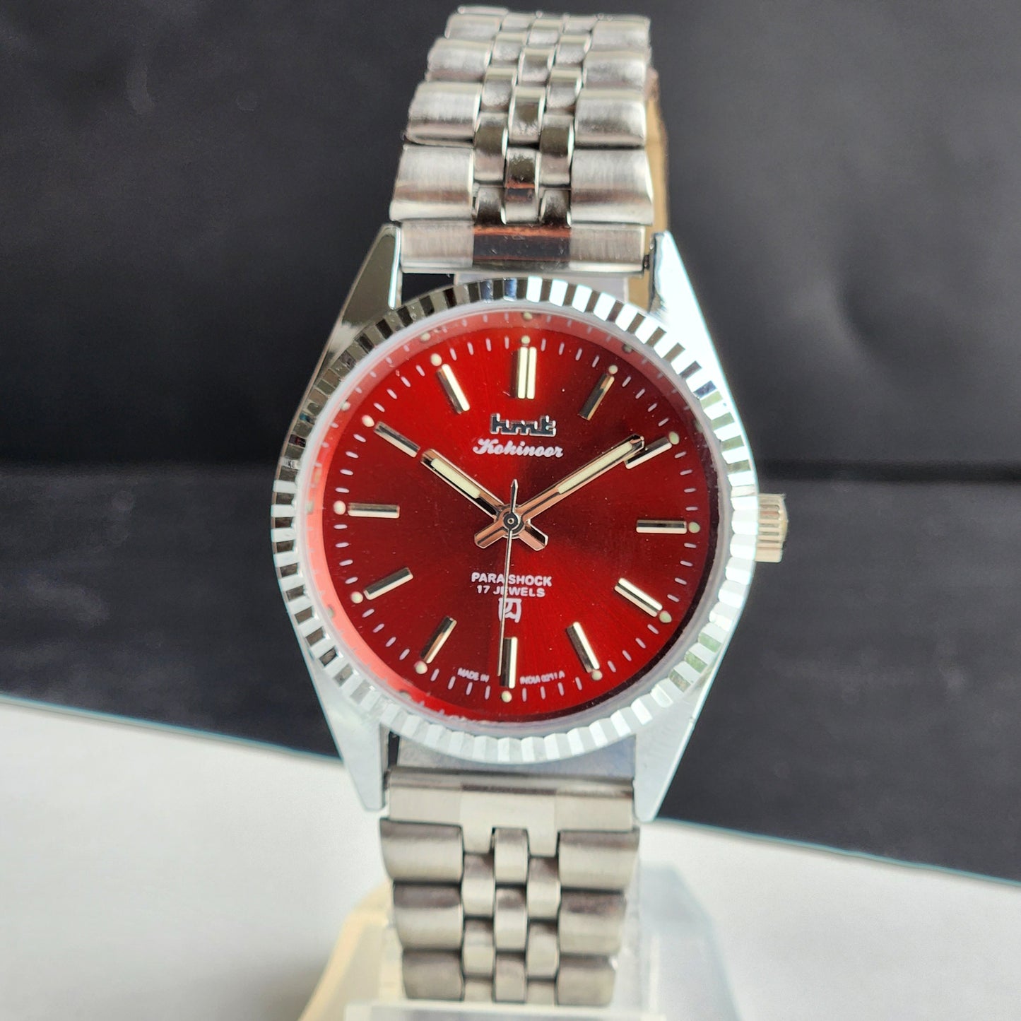 Vintage HMT Kohinoor Hand Winding 17 Jewels Red Face Fluted Bezel  Jubilee Bracelet Men's Wrist Watch G15