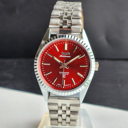 Vintage HMT Kohinoor Hand Winding 17 Jewels Red Face Fluted Bezel  Jubilee Bracelet Men's Wrist Watch G15