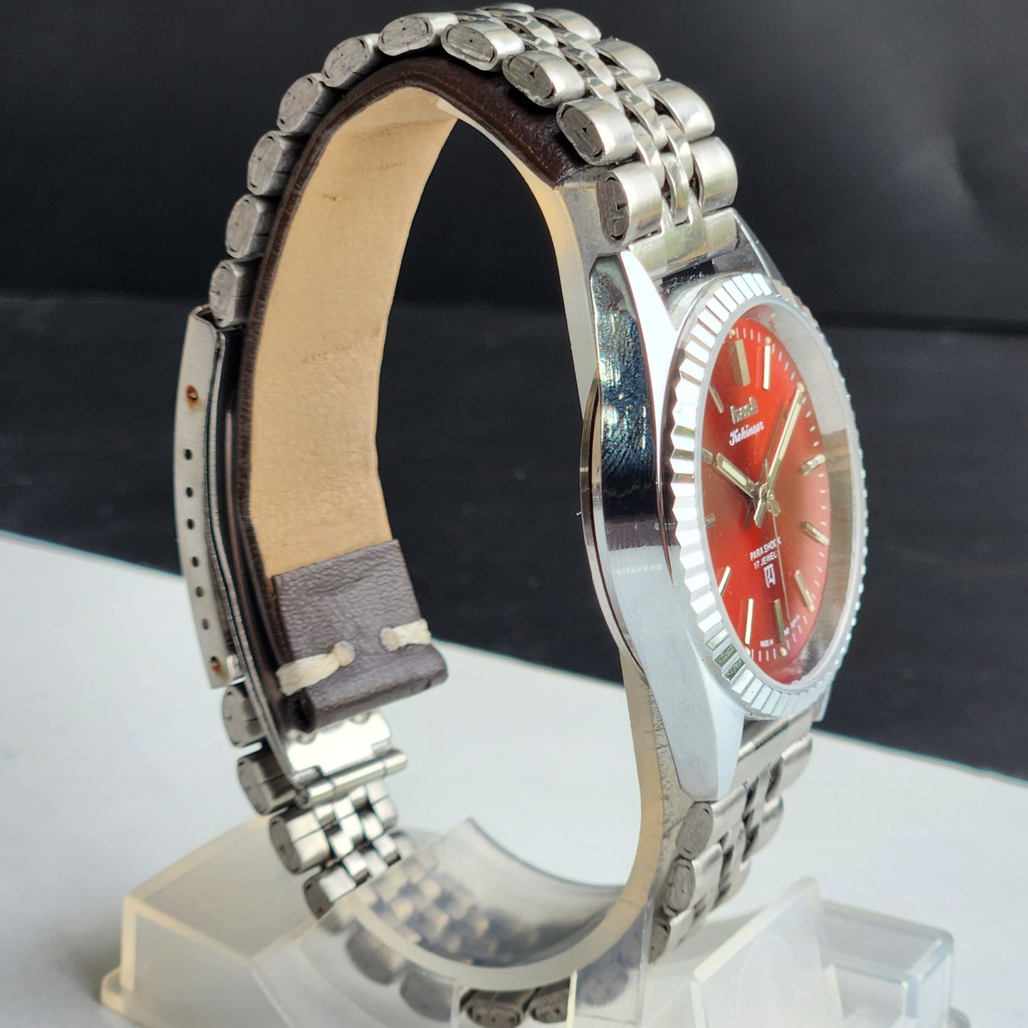 Vintage HMT Kohinoor Hand Winding 17 Jewels Red Face Fluted Bezel  Jubilee Bracelet Men's Wrist Watch G15