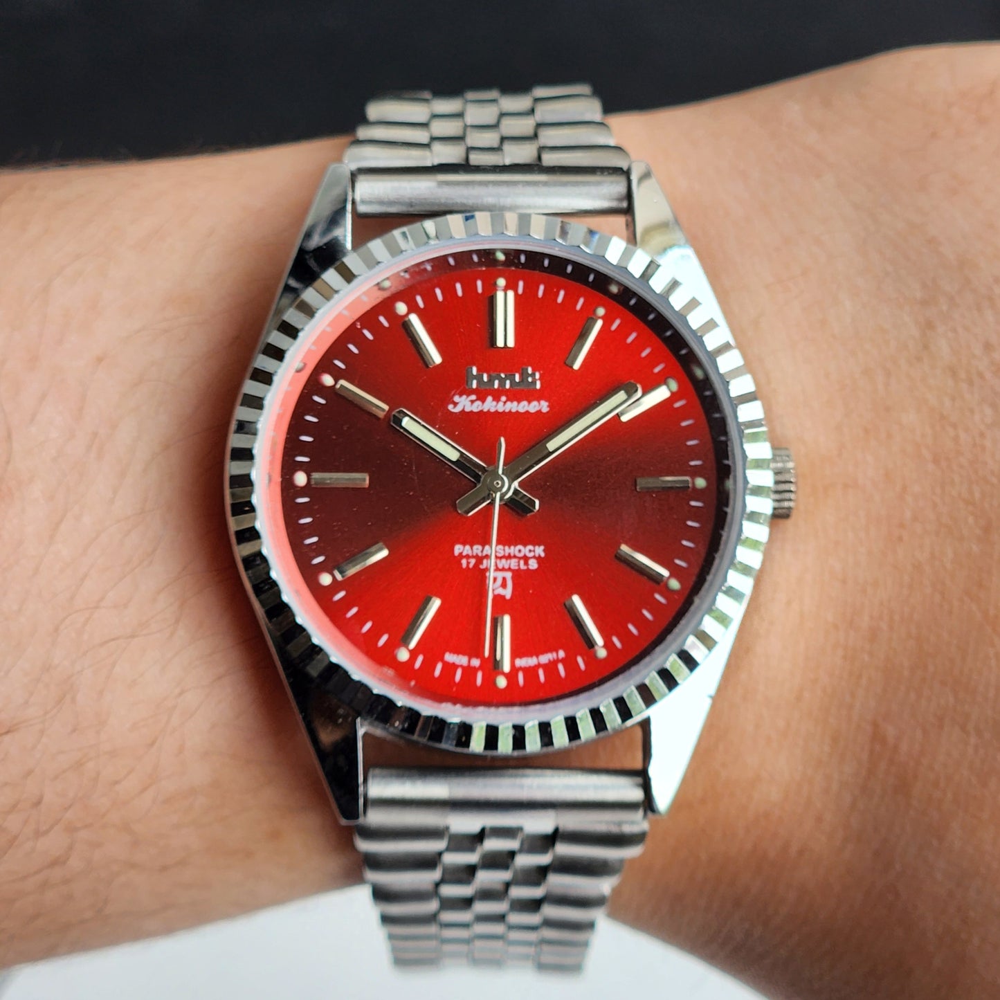 Vintage HMT Kohinoor Hand Winding 17 Jewels Red Face Fluted Bezel  Jubilee Bracelet Men's Wrist Watch G15