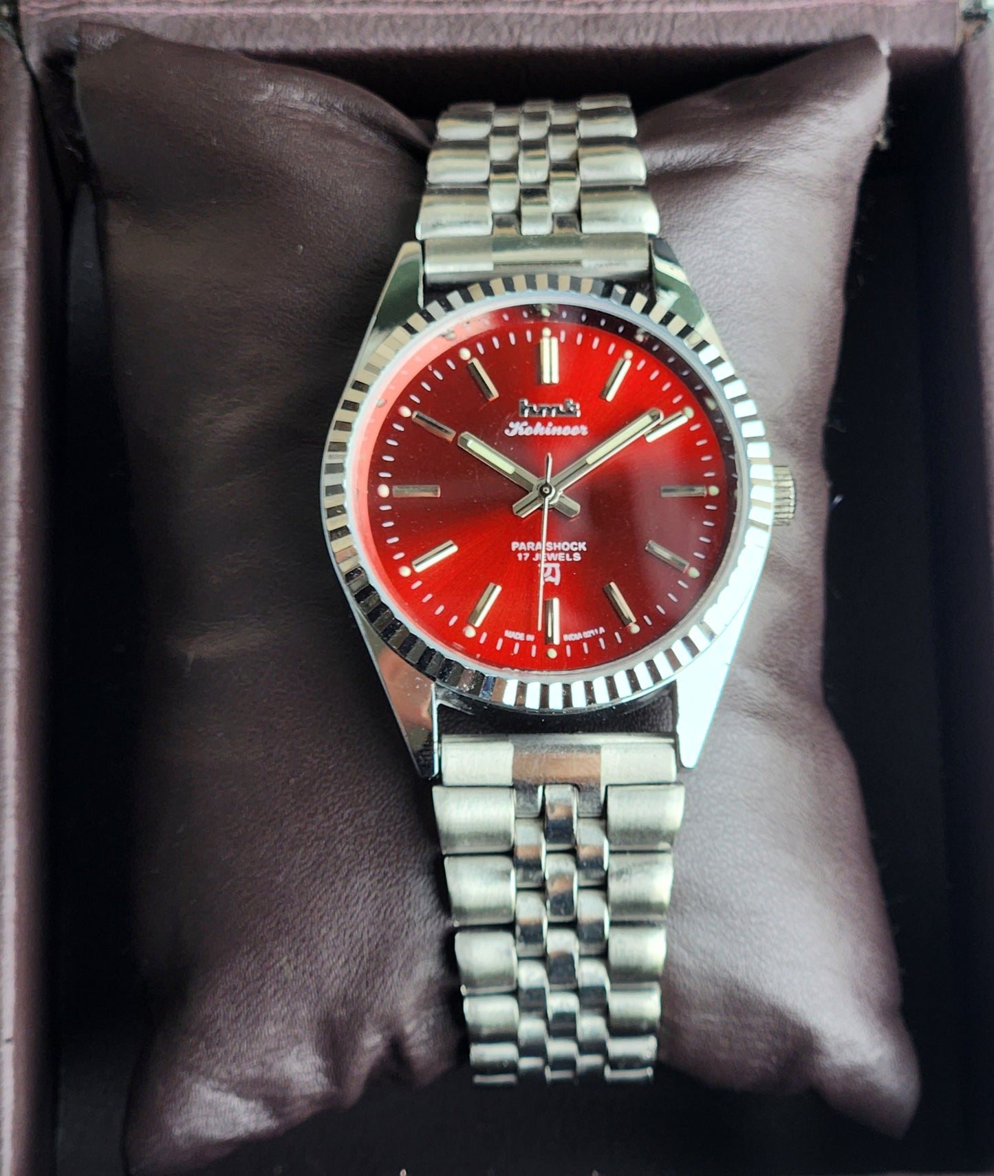 Vintage HMT Kohinoor Hand Winding 17 Jewels Red Face Fluted Bezel  Jubilee Bracelet Men's Wrist Watch G15