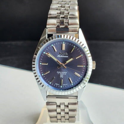 Vintage HMT Kohinoor Hand Winding 17 Jewels Grey Face Fluted Bezel Jubilee Bracelet Men's Wrist Watch G16