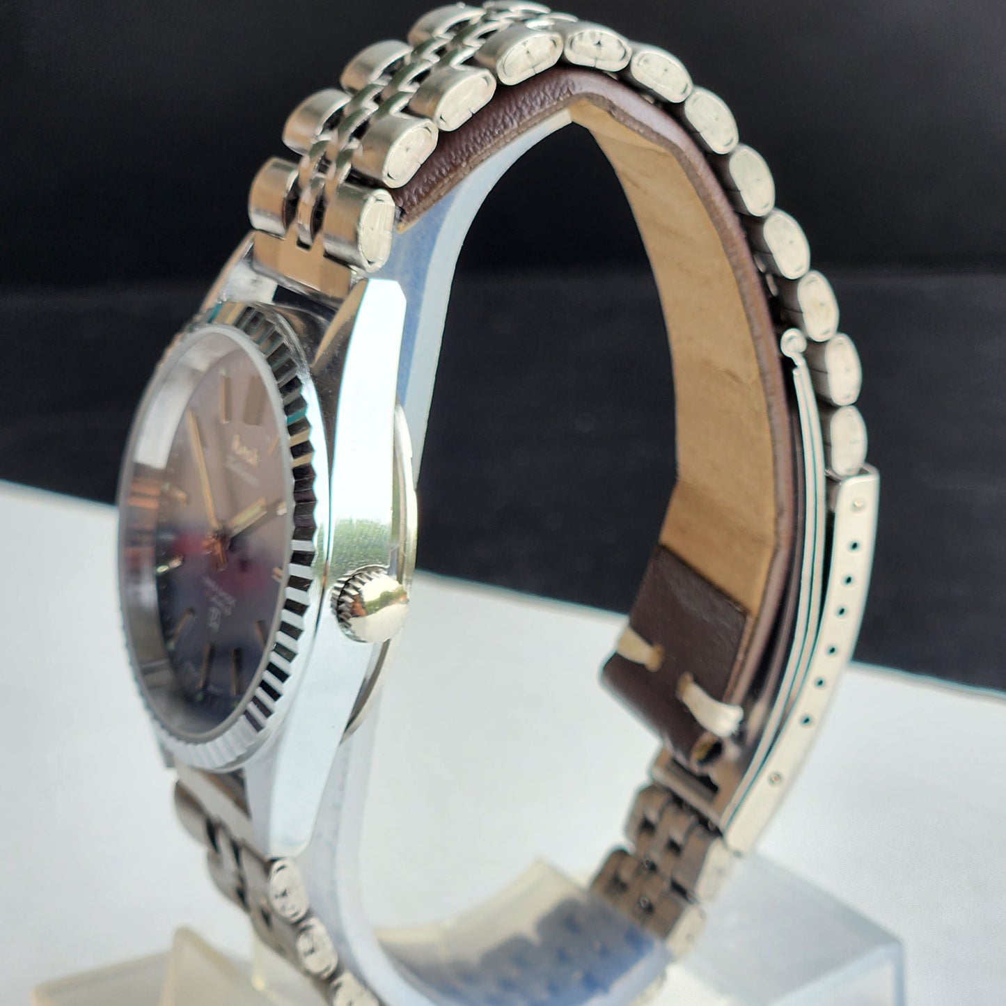 Vintage HMT Kohinoor Hand Winding 17 Jewels Grey Face Fluted Bezel Jubilee Bracelet Men's Wrist Watch G16