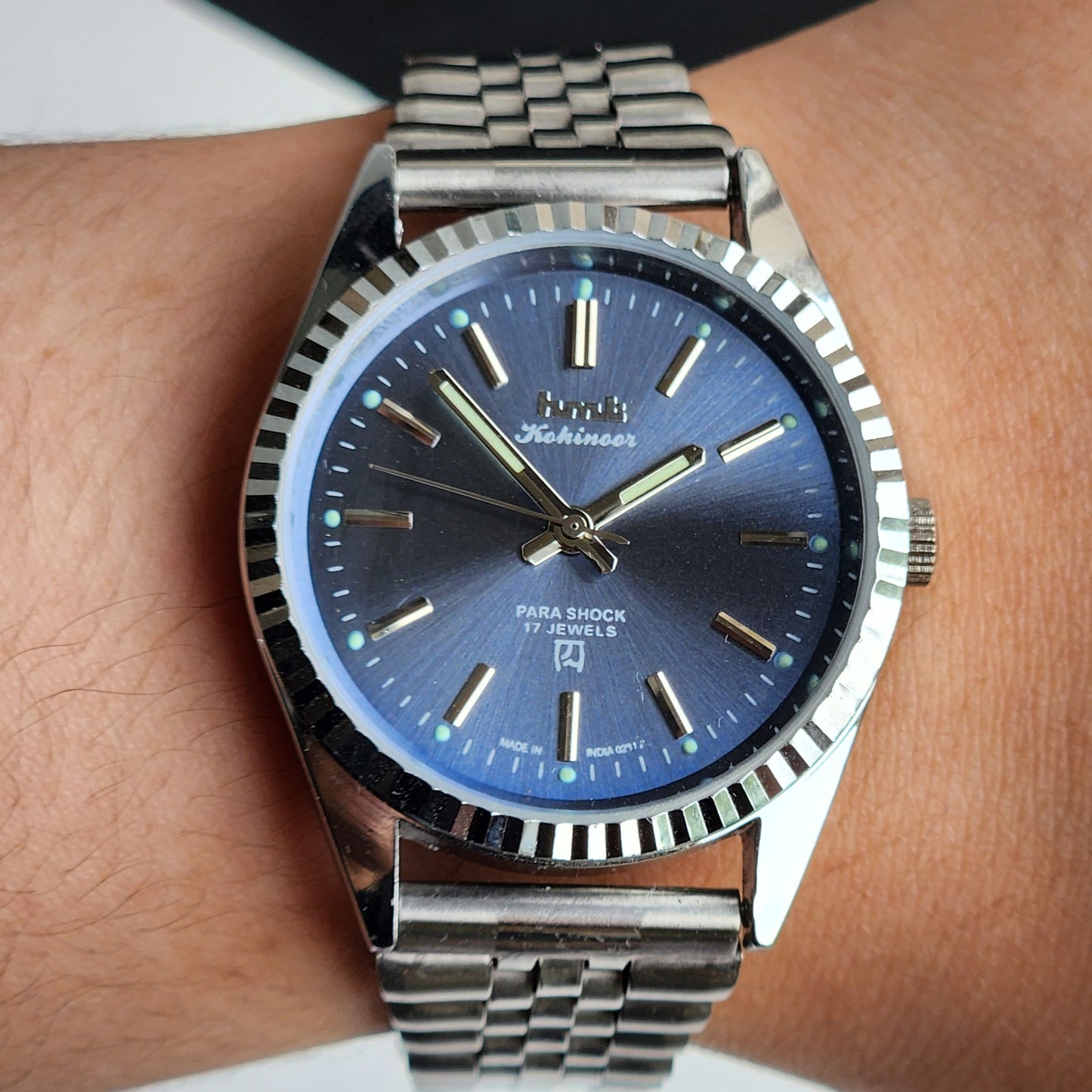 Vintage HMT Kohinoor Hand Winding 17 Jewels Grey Face Fluted Bezel Jubilee Bracelet Men's Wrist Watch G16
