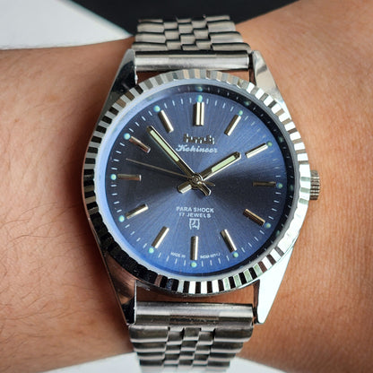 Vintage HMT Kohinoor Hand Winding 17 Jewels Grey Face Fluted Bezel Jubilee Bracelet Men's Wrist Watch G16
