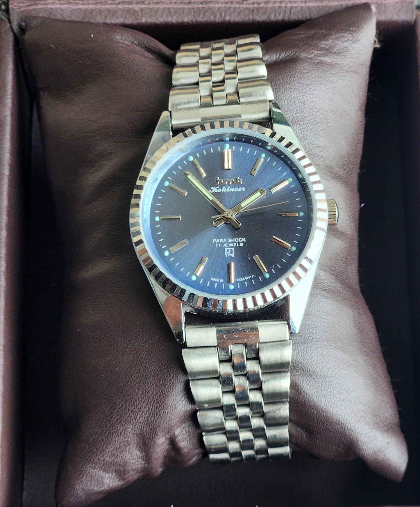 Vintage HMT Kohinoor Hand Winding 17 Jewels Grey Face Fluted Bezel Jubilee Bracelet Men's Wrist Watch G16