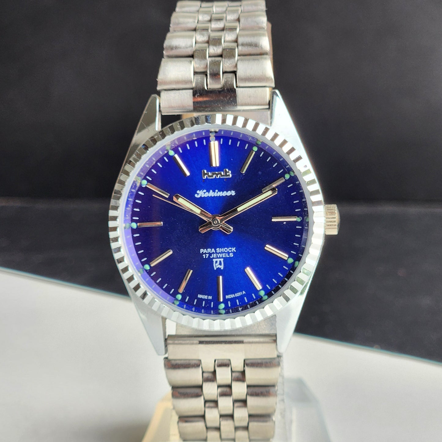 Vintage HMT Kohinoor Hand Winding 17 Jewels Blue Face Fluted Bezel Jubilee Bracelet Men's Wrist Watch G18