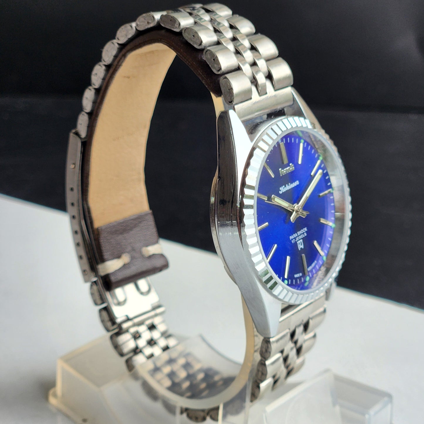 Vintage HMT Kohinoor Hand Winding 17 Jewels Blue Face Fluted Bezel Jubilee Bracelet Men's Wrist Watch G18