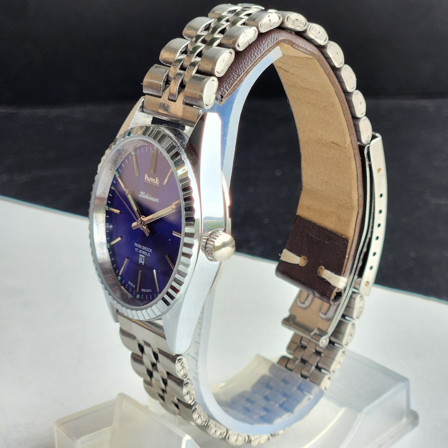 Vintage HMT Kohinoor Hand Winding 17 Jewels Blue Face Fluted Bezel Jubilee Bracelet Men's Wrist Watch G18