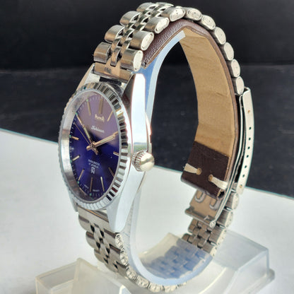 Vintage HMT Kohinoor Hand Winding 17 Jewels Blue Face Fluted Bezel Jubilee Bracelet Men's Wrist Watch G18