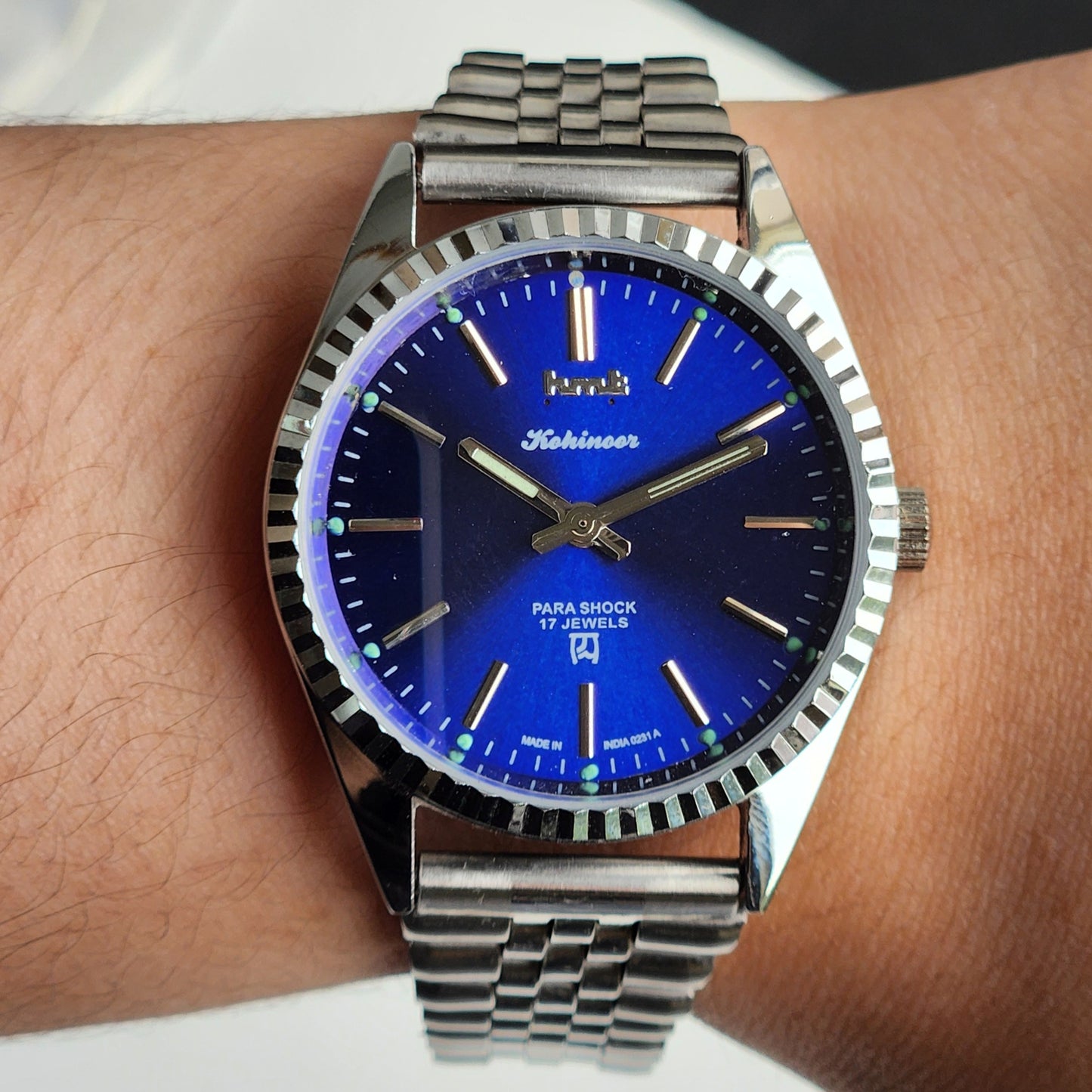 Vintage HMT Kohinoor Hand Winding 17 Jewels Blue Face Fluted Bezel Jubilee Bracelet Men's Wrist Watch G18