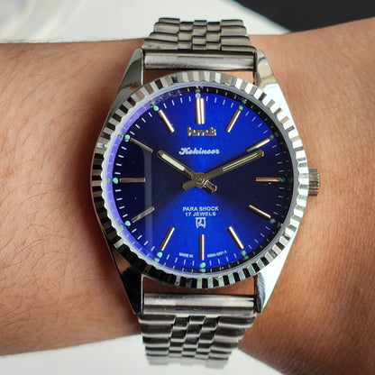 Vintage HMT Kohinoor Hand Winding 17 Jewels Blue Face Fluted Bezel Jubilee Bracelet Men's Wrist Watch G18