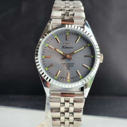 Vintage HMT Kohinoor Hand Winding 17 Jewels Grey Face Fluted Bezel Jubilee Bracelet Men's Wrist Watch G19