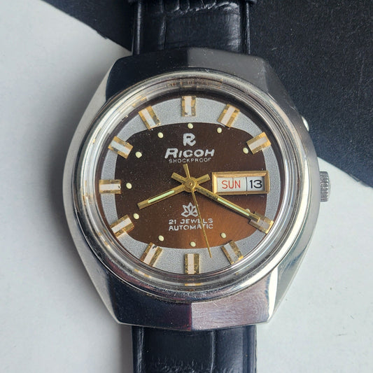 Vintage Original Ricoh R31 Brown Face Automatic 21 Jewels Black Croco Leather Strap Men's Wrist Watch G22