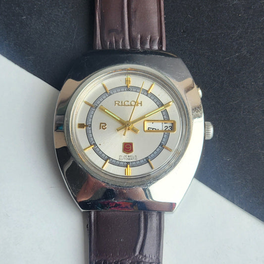 Vintage Original Ricoh R31 Silver Face Automatic 21 Jewels Brown Croco Leather Strap Men's Wrist Watch G23