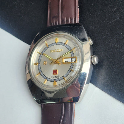 Vintage Original Ricoh R31 Silver Face Automatic 21 Jewels Brown Croco Leather Strap Men's Wrist Watch G23